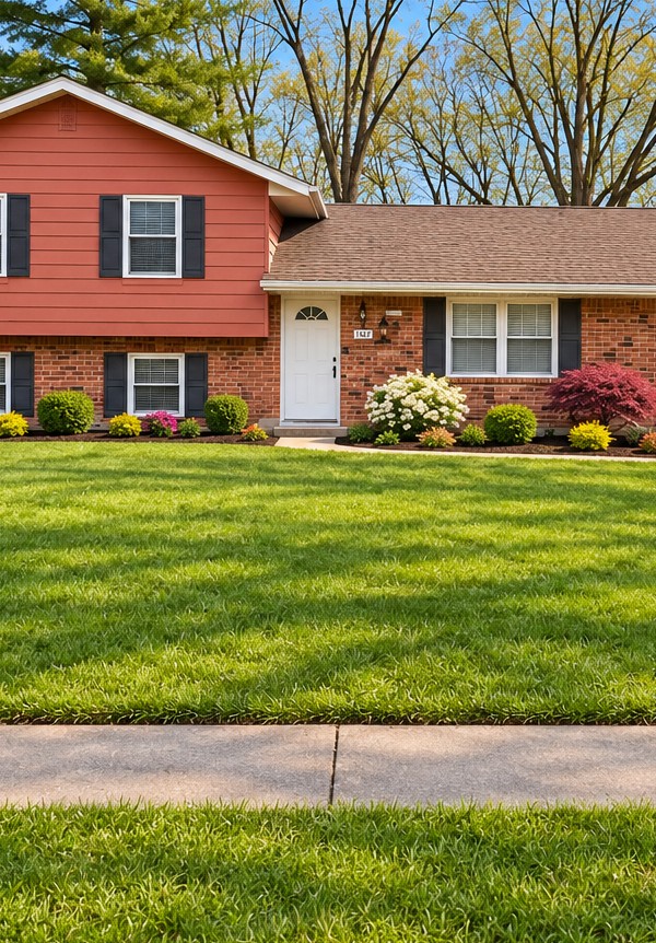 The MPG Living residence, a brick and red-sided home with a landscaped front yard